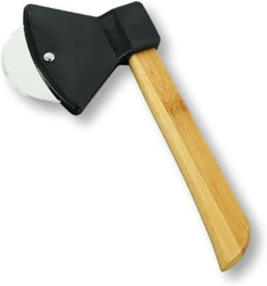 قاطع بيتزا على شكل فأس بمقبض من الخيزران وشفرة دوارة حادة