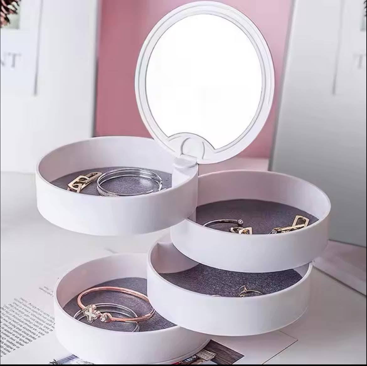 منظم مجوهرات دوار مع مرآة – أناقة وتنظيم في قطعة واحدة!