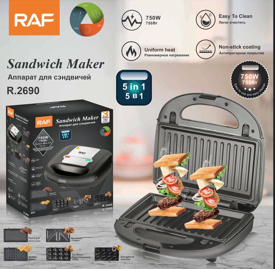 RAF R.2690 – صانعة سندويشات 5 في 1 بقدرة 750 واط وطلاء غير لاصق