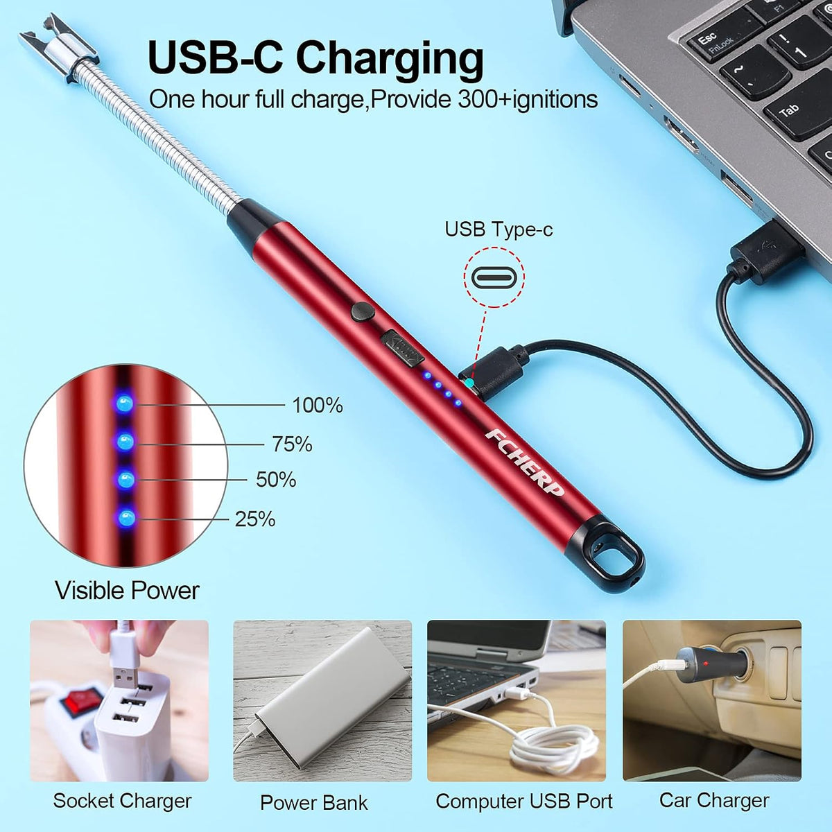 ولاعة كهربائية قابلة لإعادة الشحن عبر منفذ USB، ولاعة بلازما مقاومة للرياح ذات رقبة طويلة مرنة بزاوية 360 درجة للشموع ومواقد الغاز والتخييم