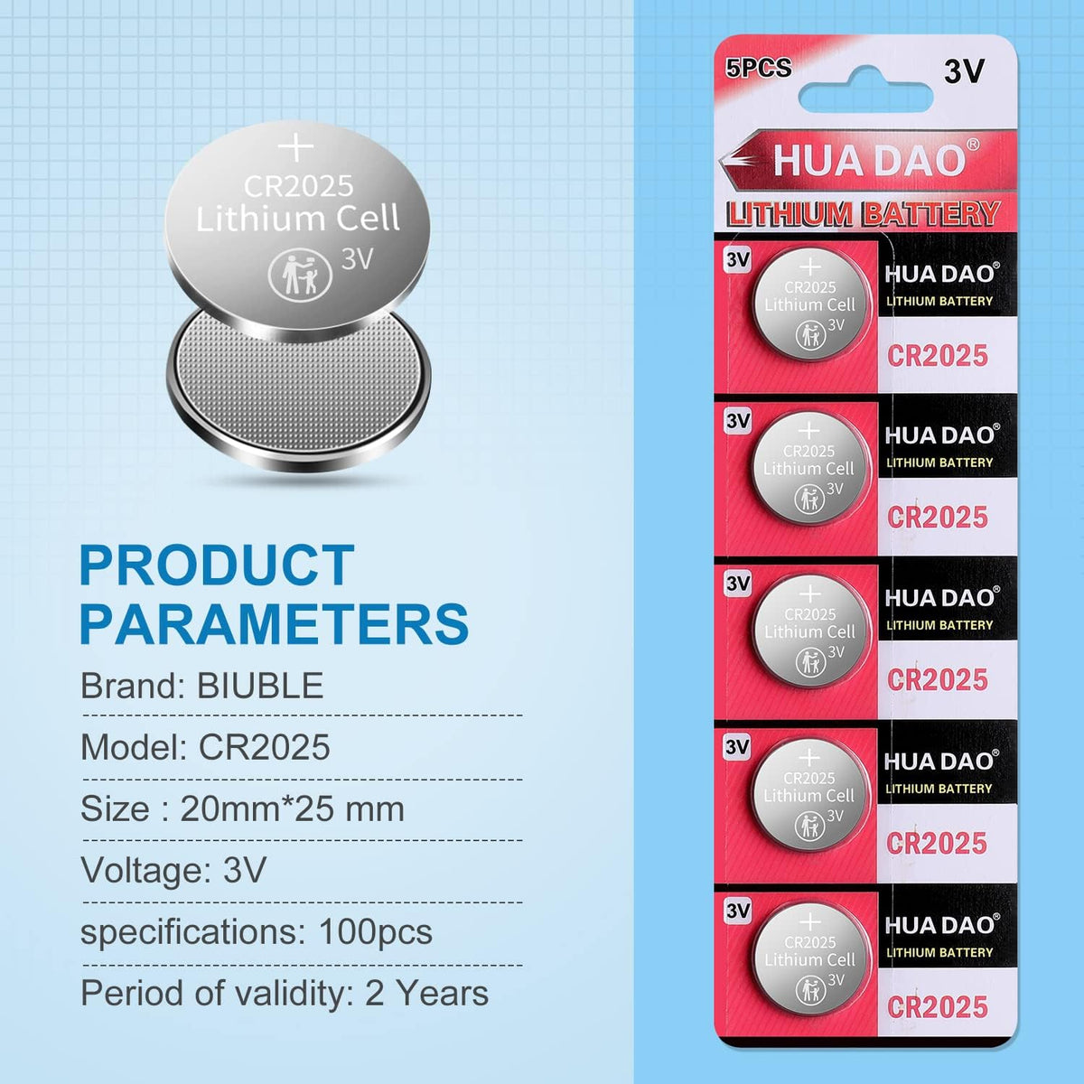 CR2025 Battery, Pack of 5 Pieces, 3-Volt Lithium Batteries, Button Cells, 2025, Coin Cells