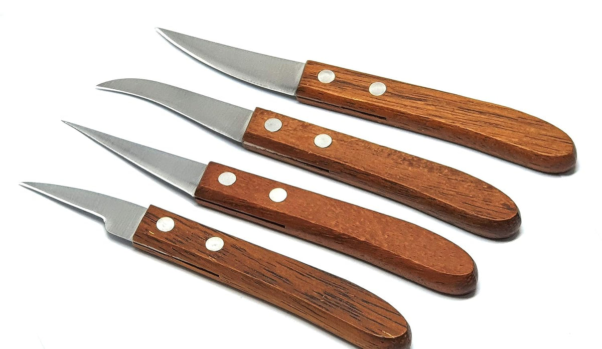 Multi-purpose fruit and vegetable carving knife with wooden handle, 4-piece set