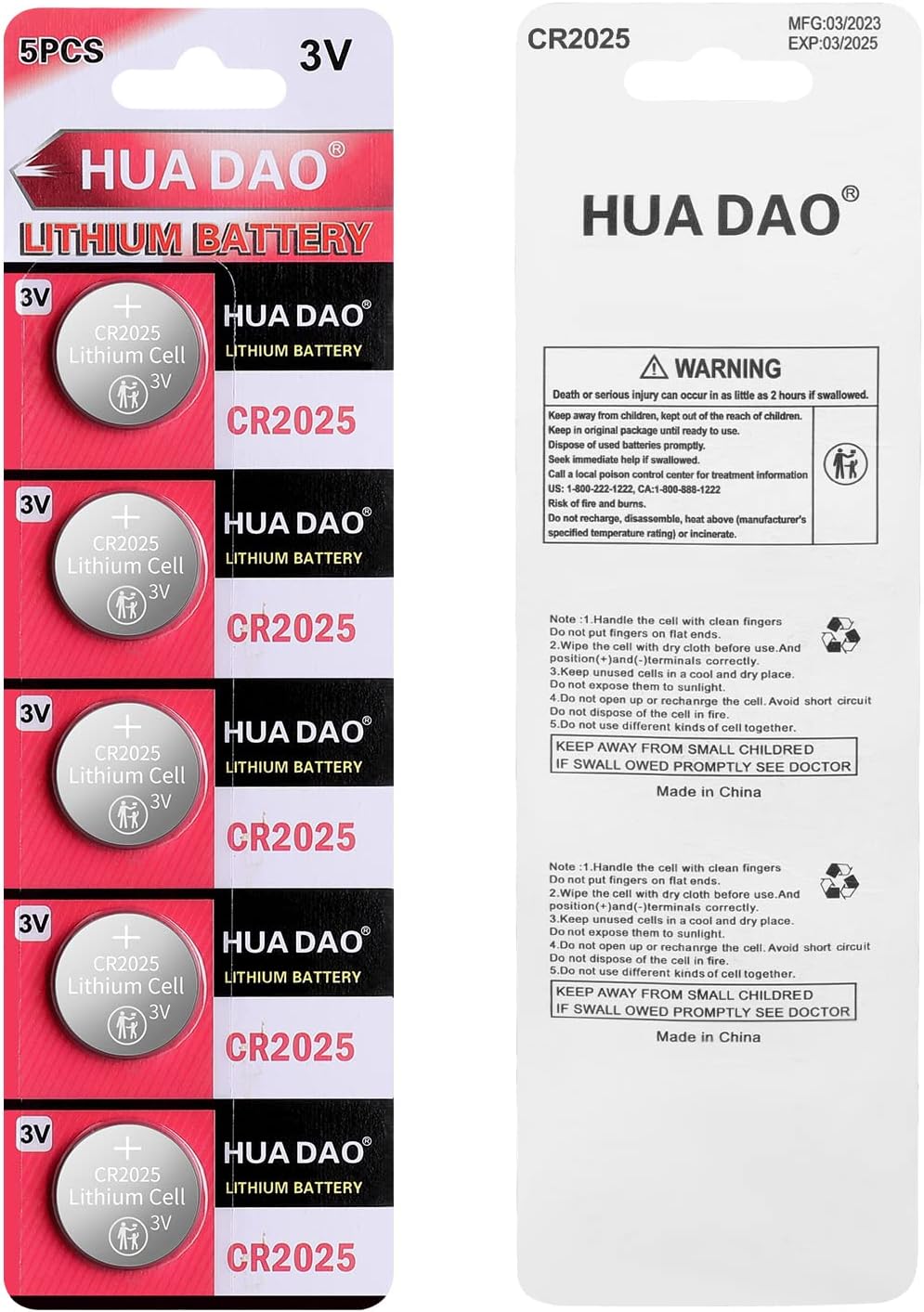 CR2025 Battery, Pack of 5 Pieces, 3-Volt Lithium Batteries, Button Cells, 2025, Coin Cells
