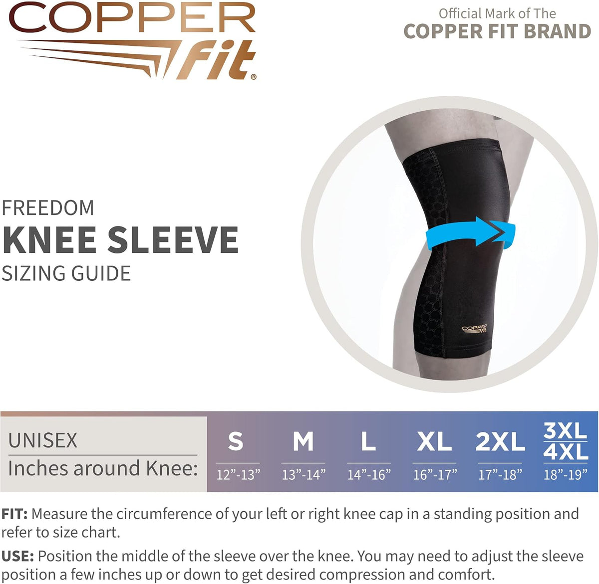 مشد للركبة كم للركبة من Copper Fit Freedom، مشد ضاغط مشبع بالنحاس بتصميم محيطي
