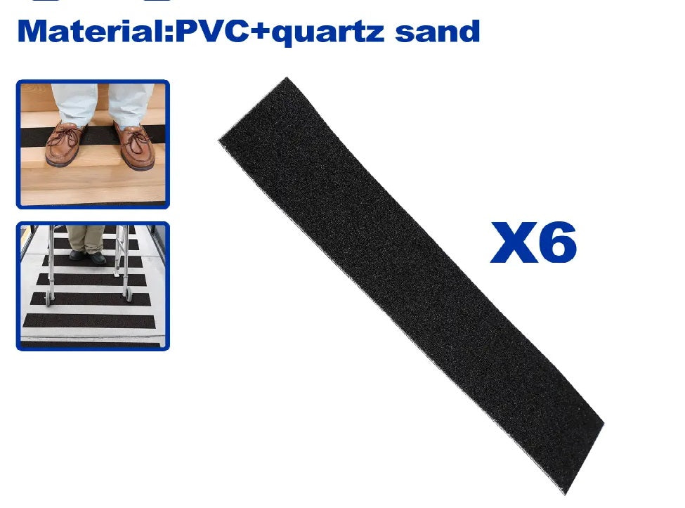 شريط PVC + رمل كوارتز مانع للانزلاق ، شريط لاصق داعم متحرك اسود 2سم×38سم 6 قطع