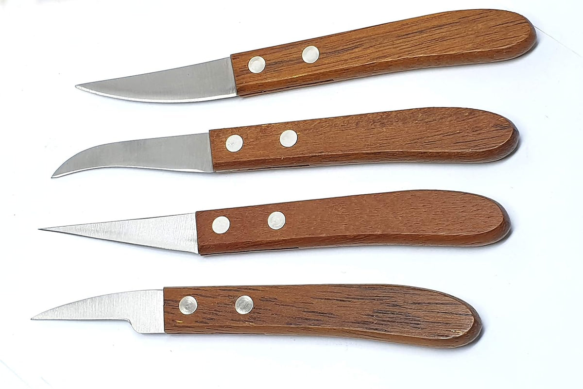 Multi-purpose fruit and vegetable carving knife with wooden handle, 4-piece set