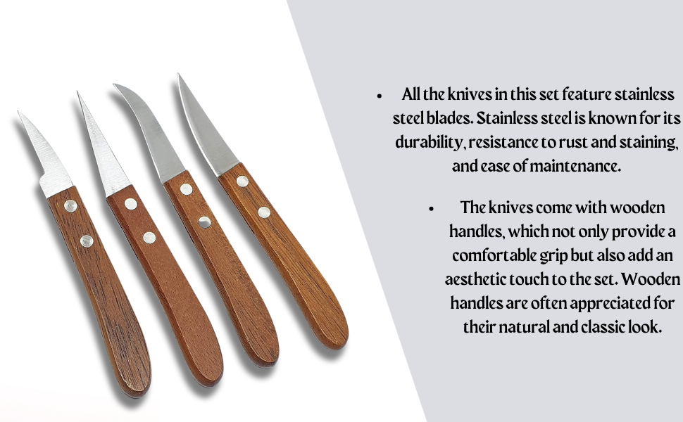 Multi-purpose fruit and vegetable carving knife with wooden handle, 4-piece set