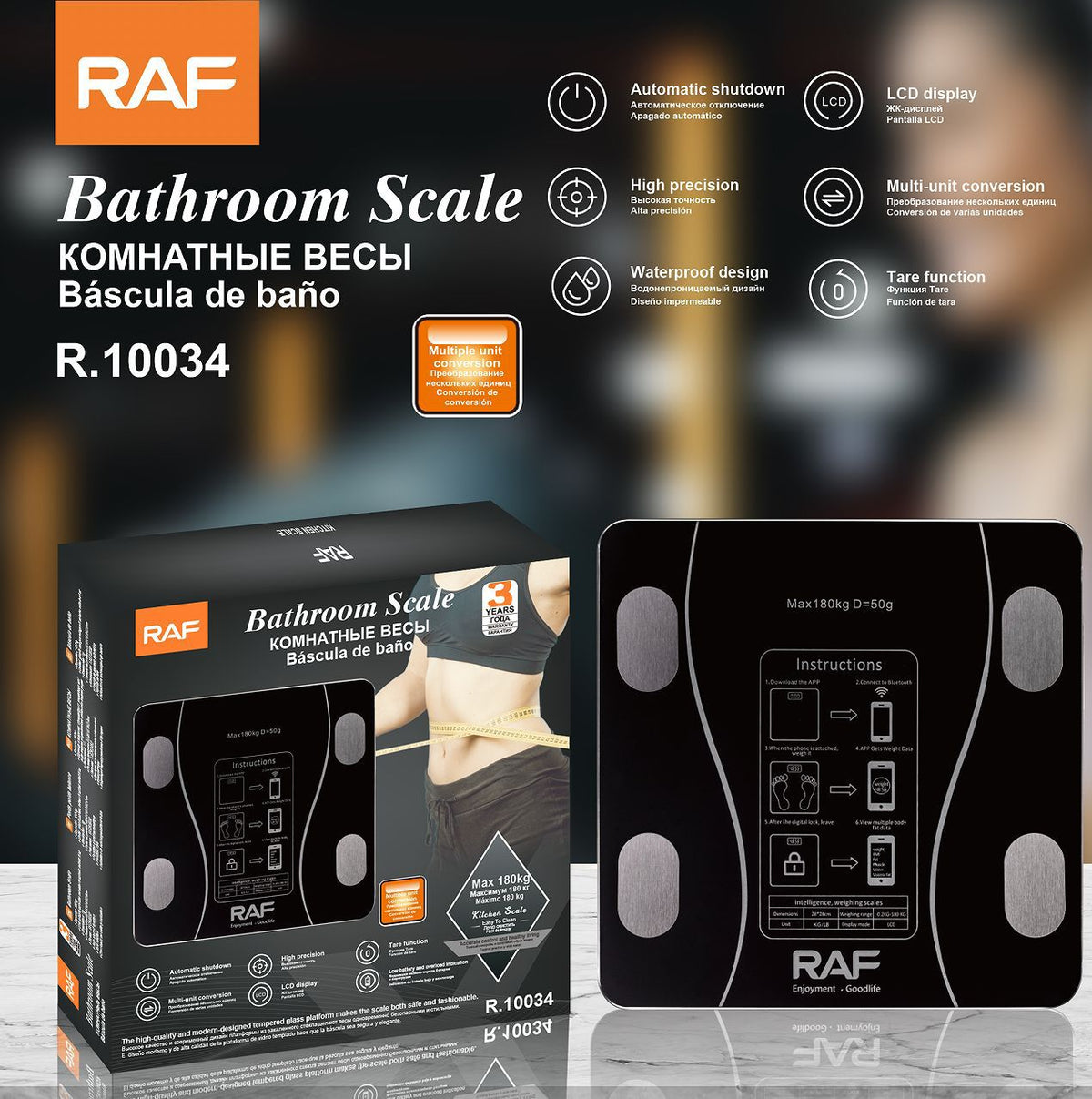 ميزان الحمام الذكي البلوتوث متعدد الوظائف RAF R.10034 - أكثر من مجرد قياس وزن!