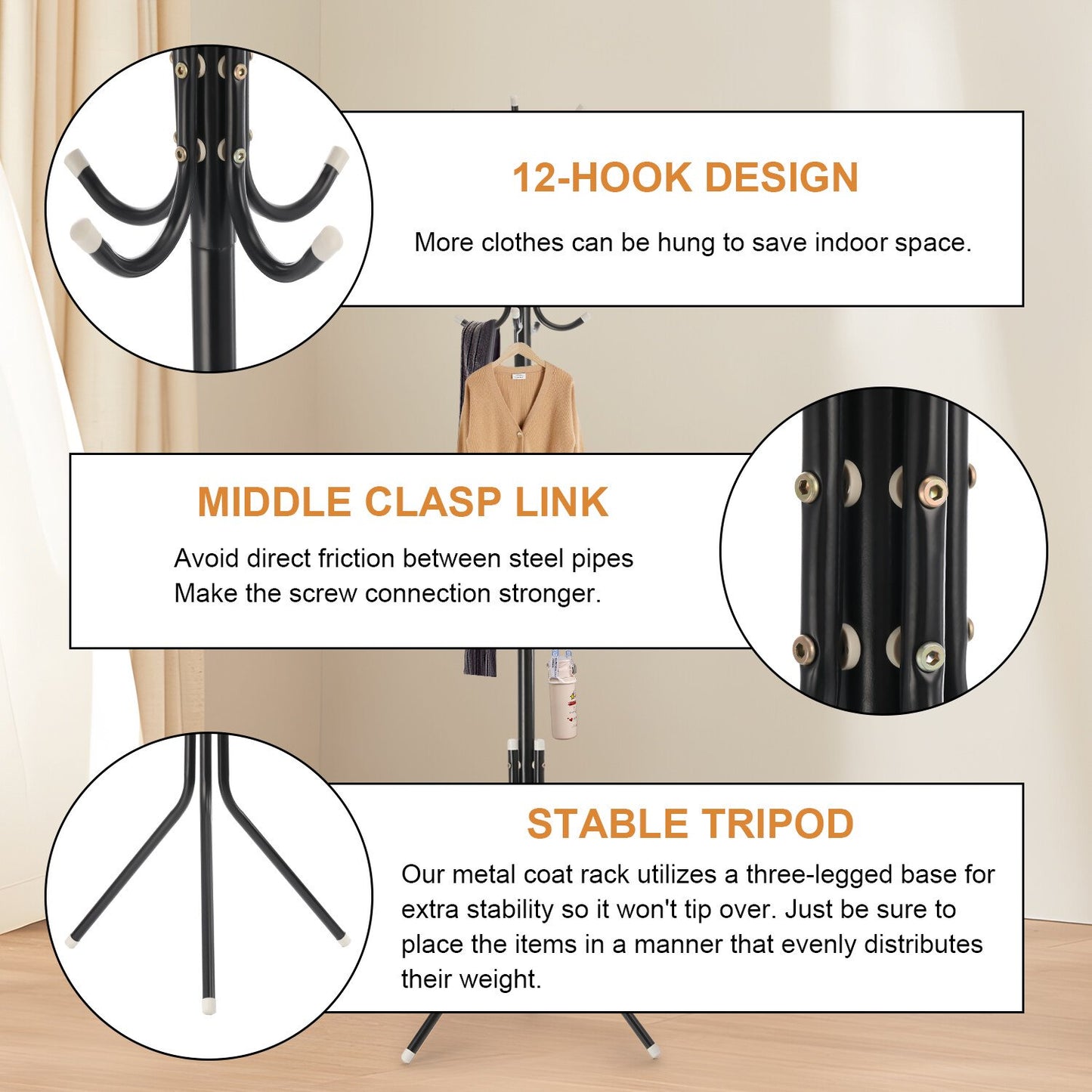 رف معاطف وقبعات معدني ثابت بطبقتين و12 خطاف تعليق