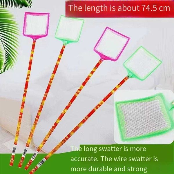 Large fly swatter with a long handle and an unbreakable head, with a scratcher on the other side. An old-fashioned plastic household manual fly swatter.