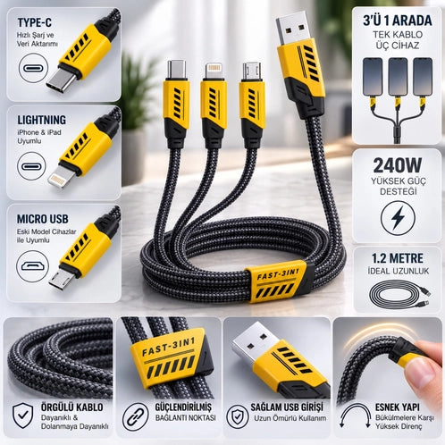كابل شحن سريع متعدد الاستخدامات 3 في 1 عادي - ايفون - تايب سي (USB إلى Type-C / Lightning / Micro USB)