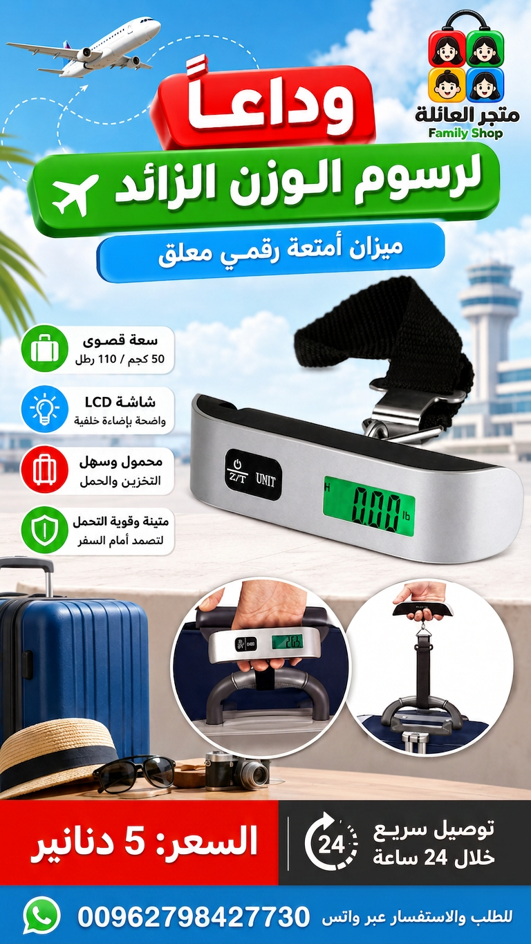 ميزان أمتعة رقمي معلق ، ميزان محمول باليد، مناسب للسفر، مزود بشاشة LCD، سعة 50 كجم/110 رطل