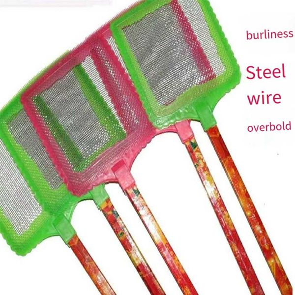 Large fly swatter with a long handle and an unbreakable head, with a scratcher on the other side. An old-fashioned plastic household manual fly swatter.