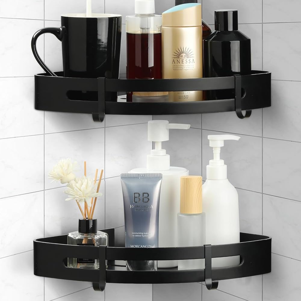 رف زاوية للحمام والمطبخ - تصميم أسود بدون حفر