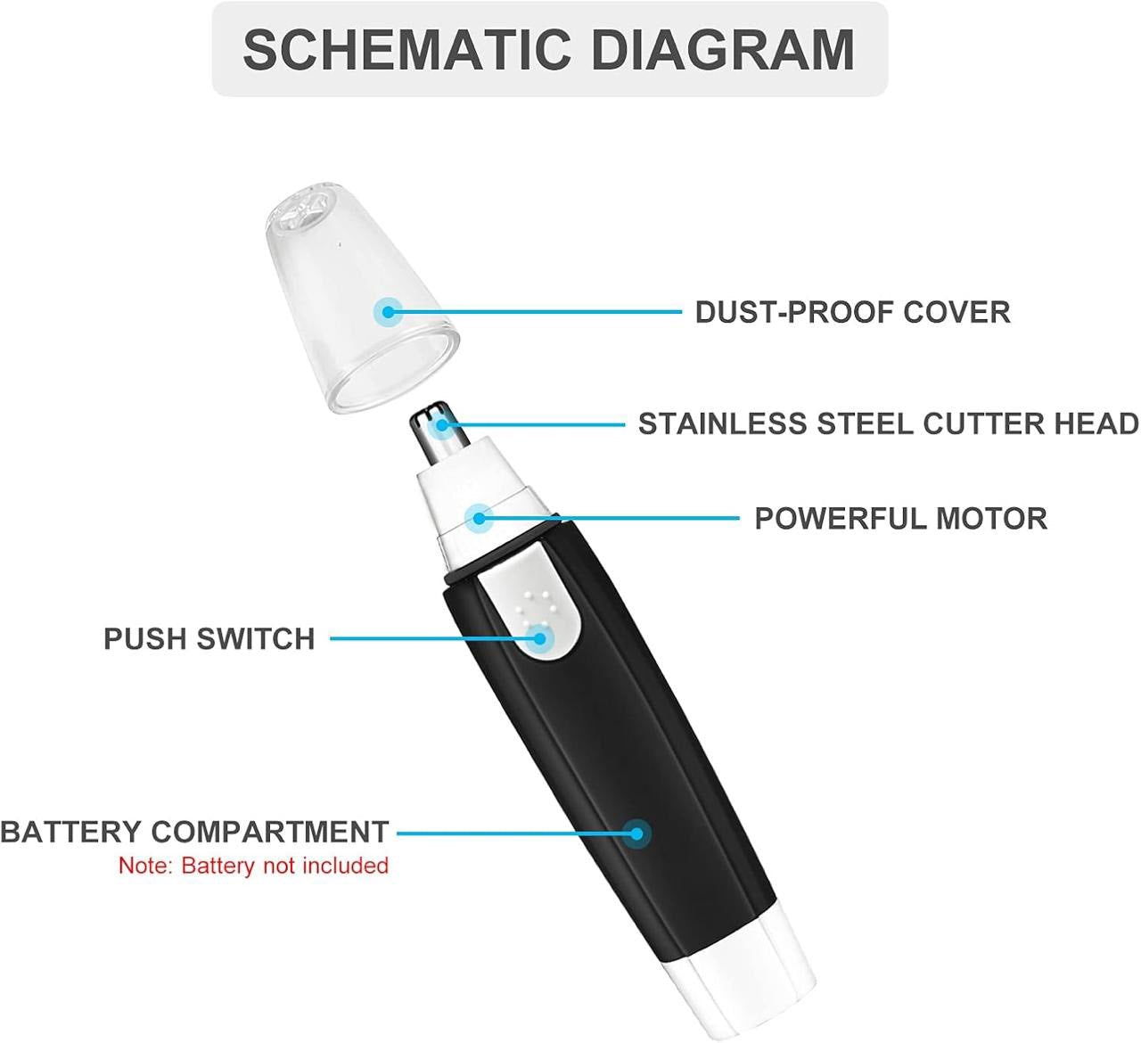 ماكينة تشذيب شعر الأنف الكهربائية بدون ألم، تشذيب شعر الحواجب واللحية والأذن وما إلى ذلك. مقاومة للماء وخفيفة الوزن وسهلة الحمل، منخفضة الضوضاء وسهلة التنظيف (إصدار البطارية باللون الأسود)