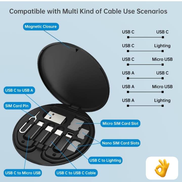 صندوق تخزين كابلات البيانات Worparsen المحمول متعدد الاستخدامات مع محول كابل شحن ودرج فتحة البطاقة وحامل دبوس الإخراج، مقاوم للغبار والصدمات، أسود