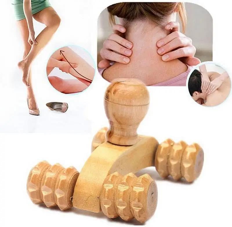 أداة تدليك من الخشب الطبيعي مزودة بحلقات دوارة للاسترخاء وتسكين الألم