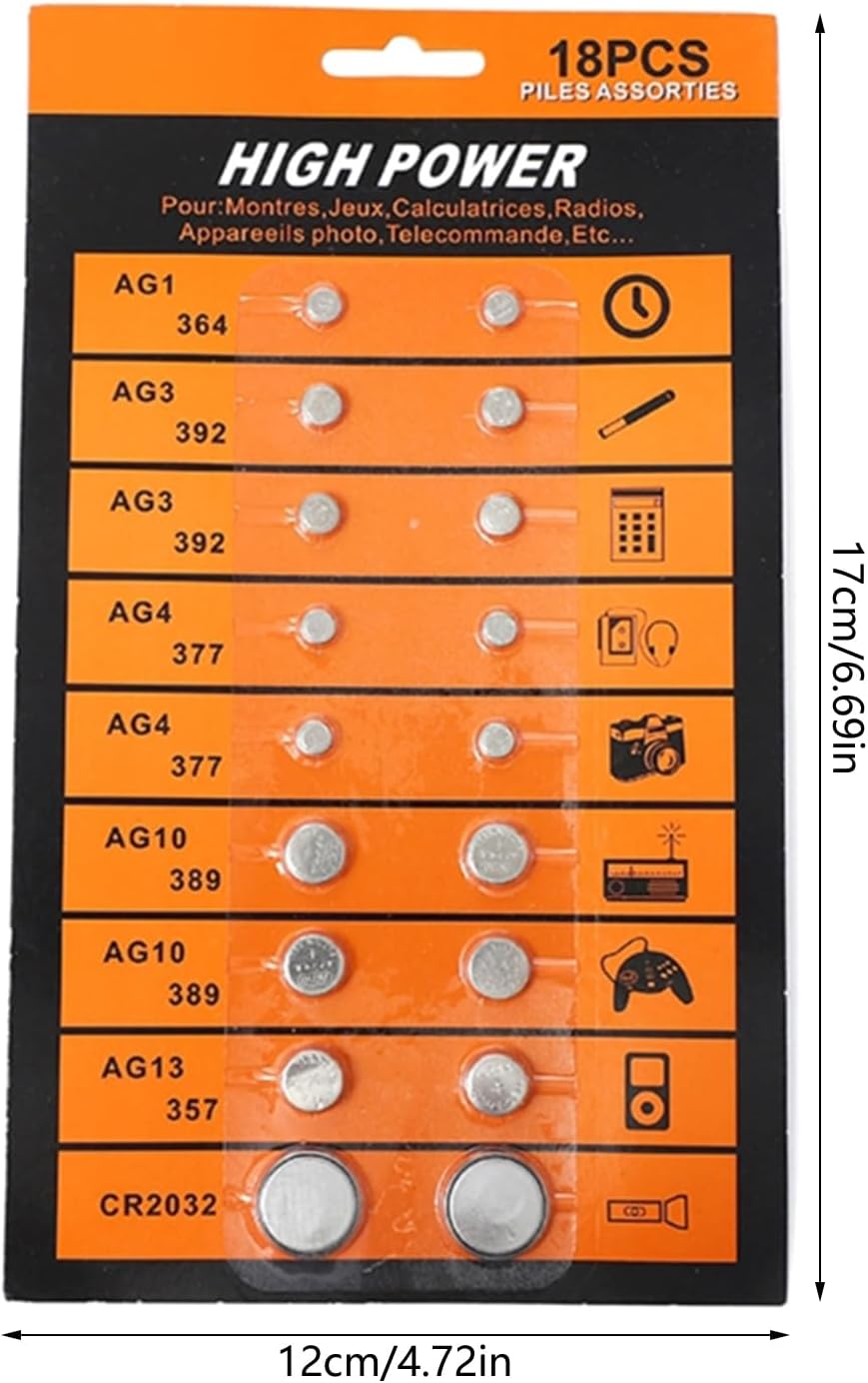 18 قطعة من بطاريات قلوية عالية الطاقة متنوعة AG1/LR621 AG3/LR41 AG4/LR626 AG10/LR1130 AG13/LR44