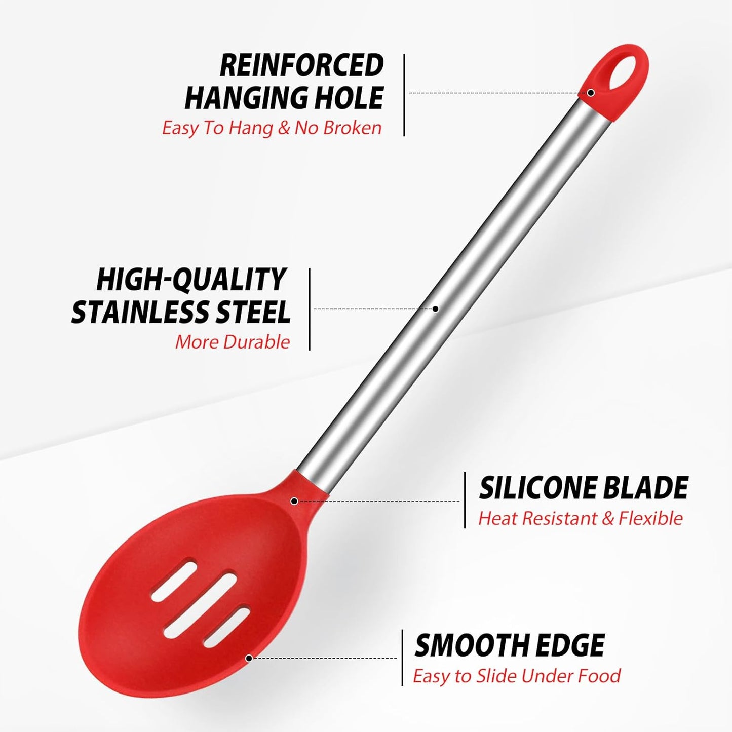 ملعقة مشقوقة او مغلقة  من السليكون ومقبض من الستانلس ستيل غير لاصقة لتقديم الطعام والخلط، مقاومة للحرارة، مقاومة للخدش وخالية من البيسفينول ايه