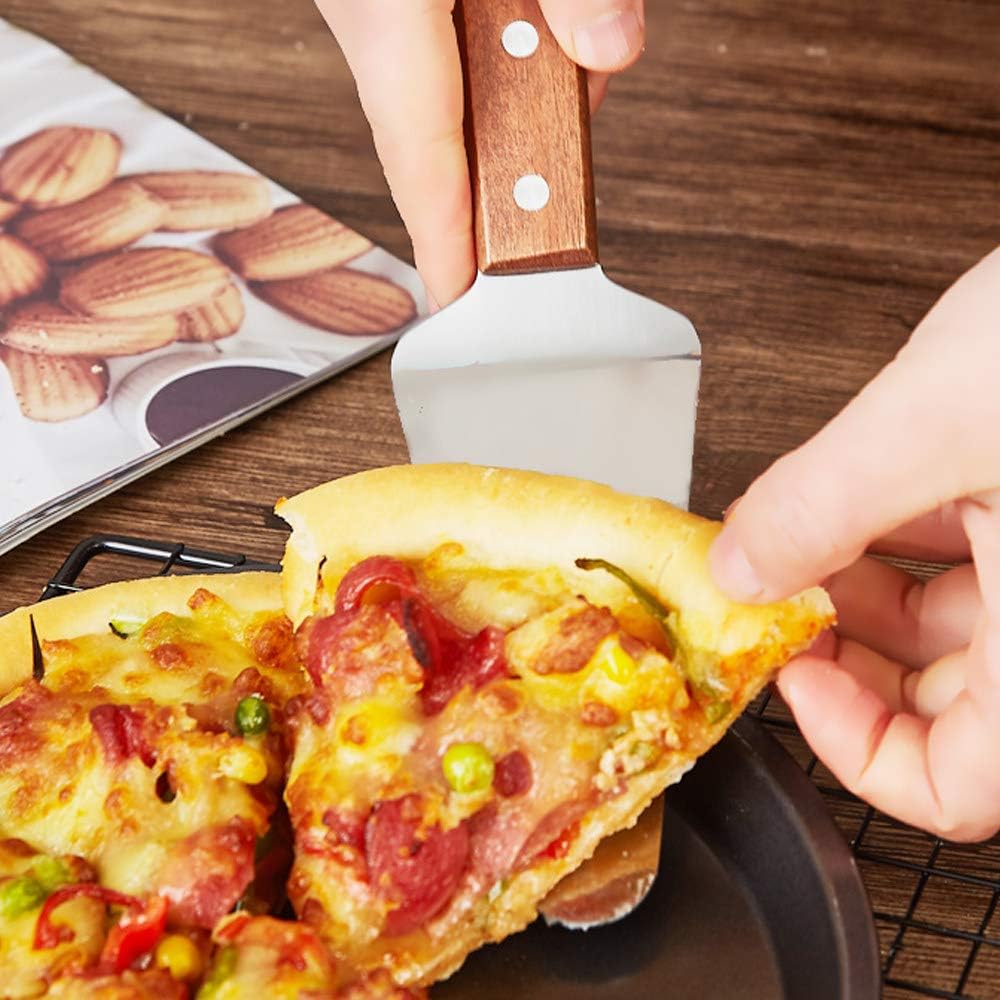 مجرفة بيتزا مصنوعة من الستانلس ستيل بمقبض خشبي مجرفة مثلثة الشكل ومقبض مريح للبيتزا، مقاس 25.5 × 6 سم