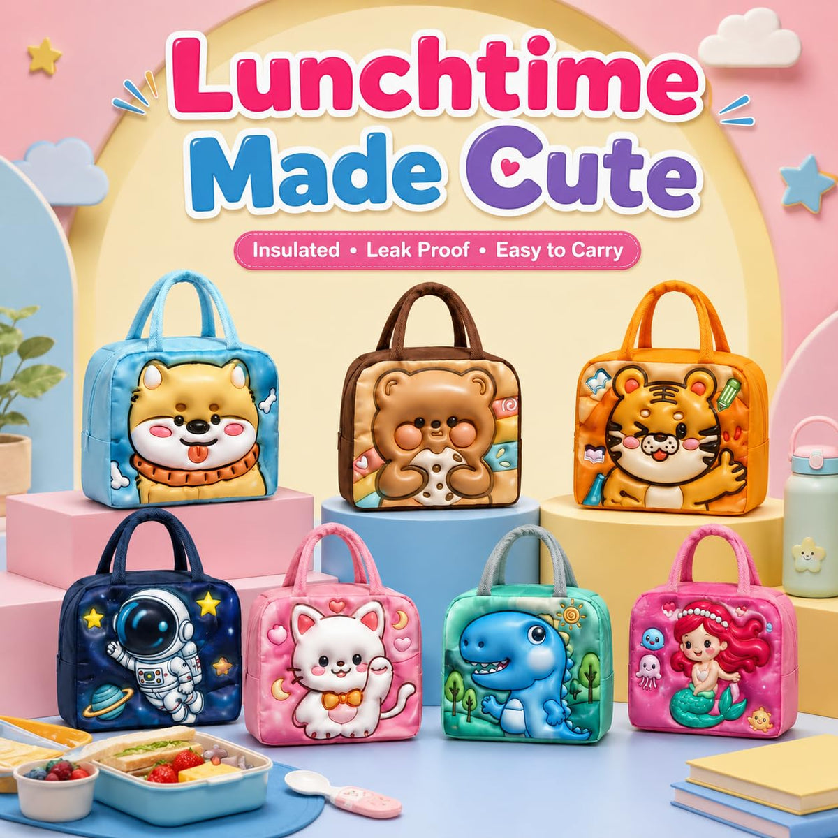 SAKUYA 3D Insulated Kids Lunch Bags - Thermal Leakproof Waterproof Reusable Printed Lunch Box for School, College, Office, Picnics & Outdoor Use