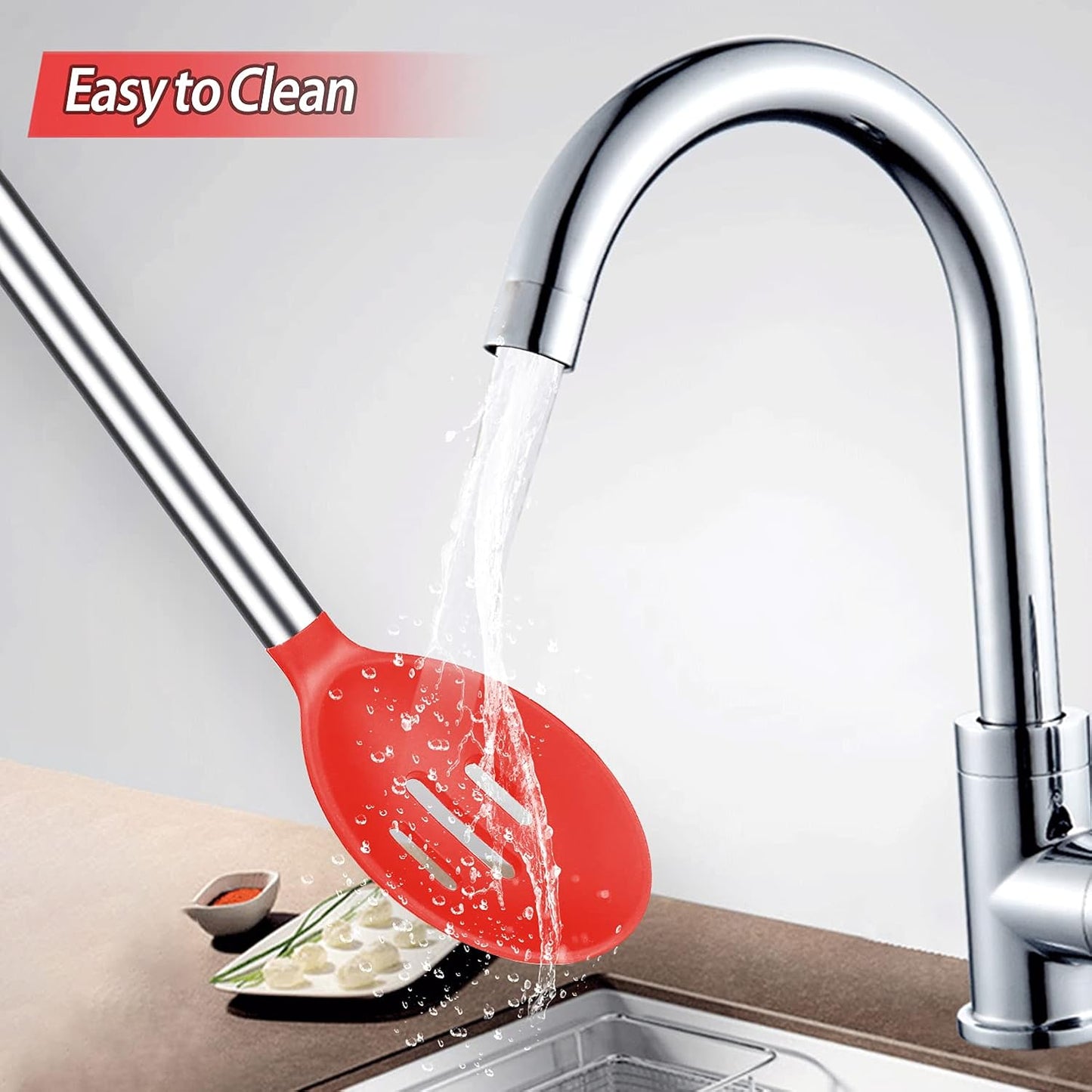 ملعقة مشقوقة او مغلقة  من السليكون ومقبض من الستانلس ستيل غير لاصقة لتقديم الطعام والخلط، مقاومة للحرارة، مقاومة للخدش وخالية من البيسفينول ايه