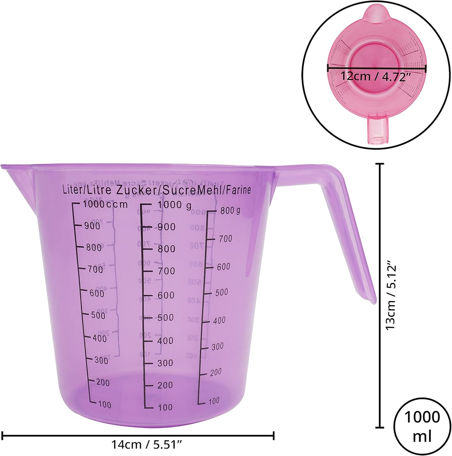 ابريق قياس بلاستيكي مدرج - ابريق بلاستيكي سعة 1200 سم3 - 1200 غممع قياسات سهلة القراءة - ابريق قياس- خلط صغيرة - كوب قياس للمطبخ