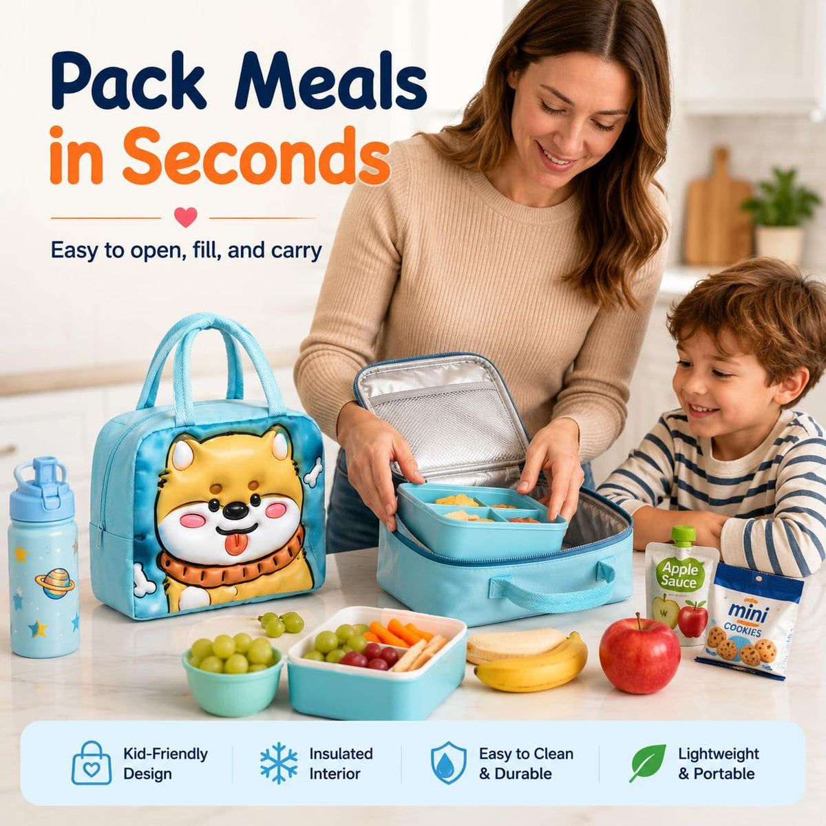 SAKUYA 3D Insulated Kids Lunch Bags - Thermal Leakproof Waterproof Reusable Printed Lunch Box for School, College, Office, Picnics & Outdoor Use