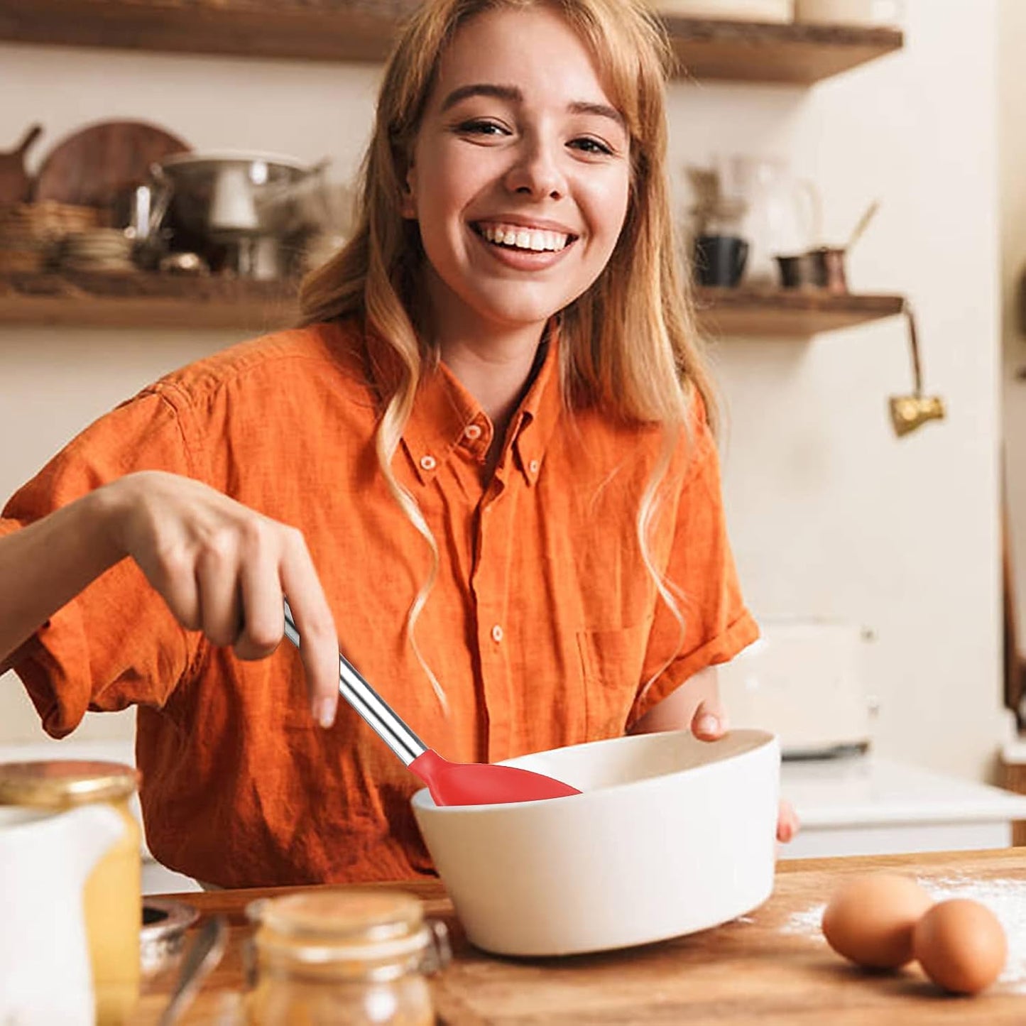 ملعقة مشقوقة او مغلقة  من السليكون ومقبض من الستانلس ستيل غير لاصقة لتقديم الطعام والخلط، مقاومة للحرارة، مقاومة للخدش وخالية من البيسفينول ايه