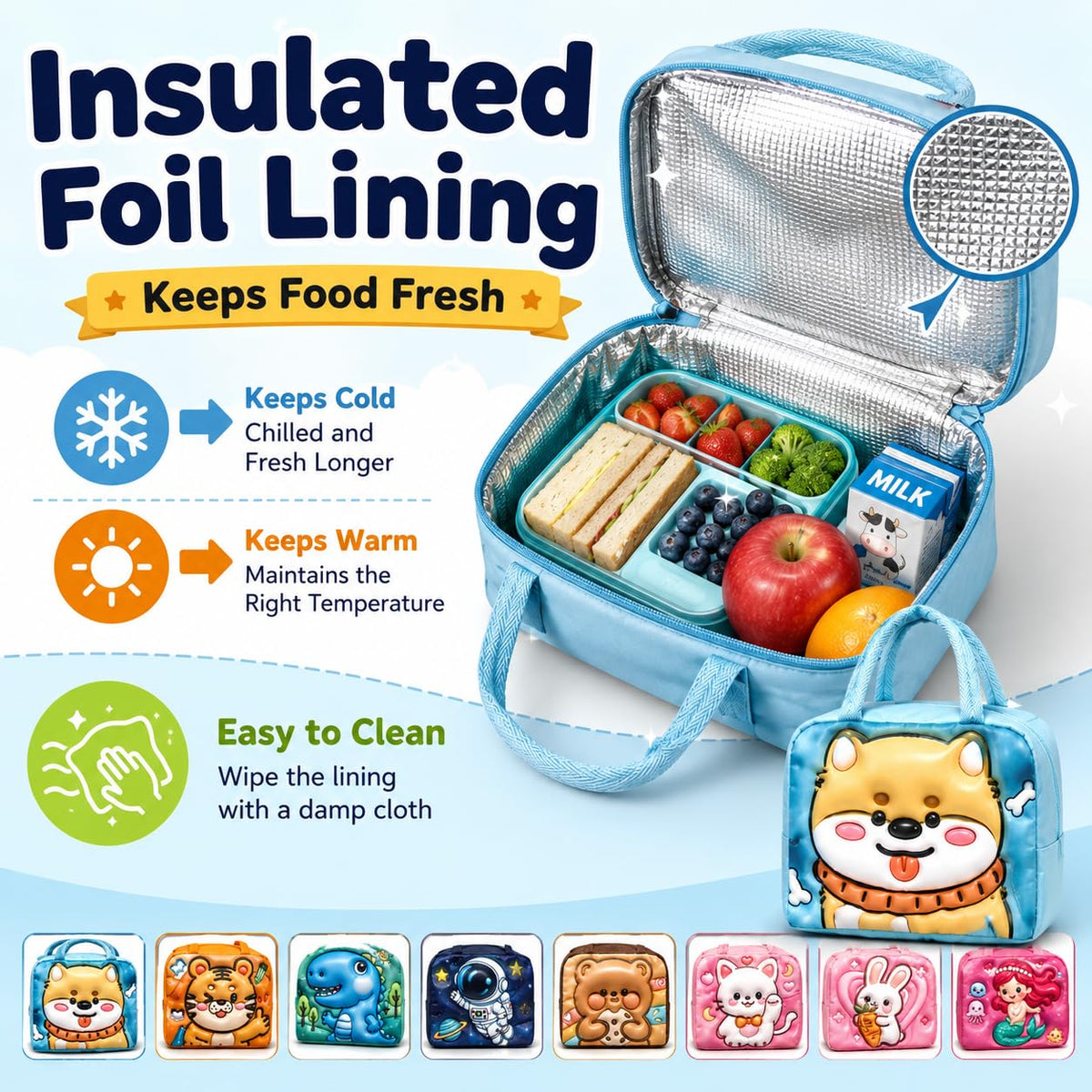 SAKUYA 3D Insulated Kids Lunch Bags - Thermal Leakproof Waterproof Reusable Printed Lunch Box for School, College, Office, Picnics & Outdoor Use
