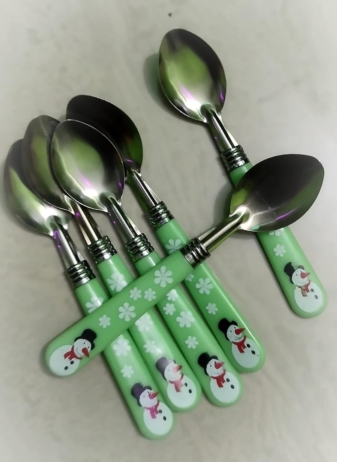 ملاعق من الفولاذ المقاوم للصدأ بتصميم زهرة ورجل ثلج للأطفال لتناول الطعام عدد 6