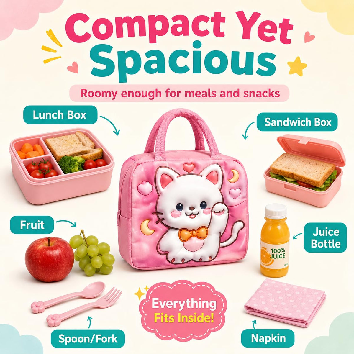 SAKUYA 3D Insulated Kids Lunch Bags - Thermal Leakproof Waterproof Reusable Printed Lunch Box for School, College, Office, Picnics & Outdoor Use