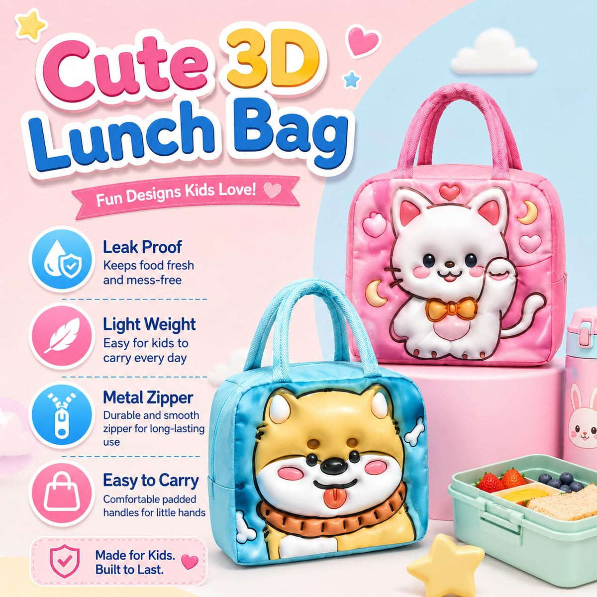 SAKUYA 3D Insulated Kids Lunch Bags - Thermal Leakproof Waterproof Reusable Printed Lunch Box for School, College, Office, Picnics & Outdoor Use