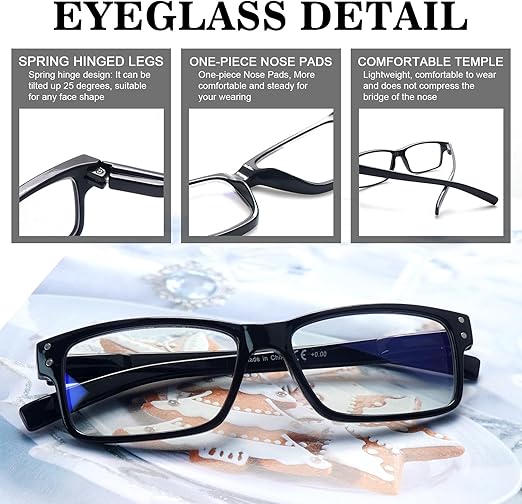 نظارات قراءة مضادة للضوء الأزرق، مزودة بمفصلات زنبركية للرجال والنساء، بإطار أسود، وعدسات مضادة للتوهج