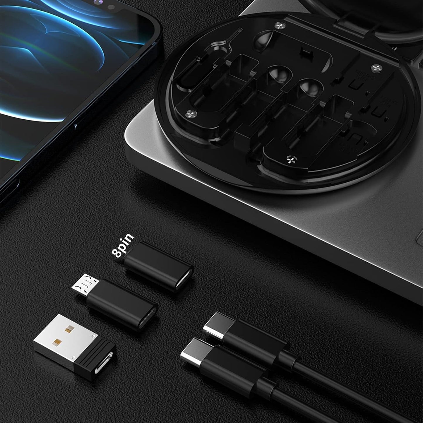 صندوق تخزين كابلات البيانات Worparsen المحمول متعدد الاستخدامات مع محول كابل شحن ودرج فتحة البطاقة وحامل دبوس الإخراج، مقاوم للغبار والصدمات، أسود