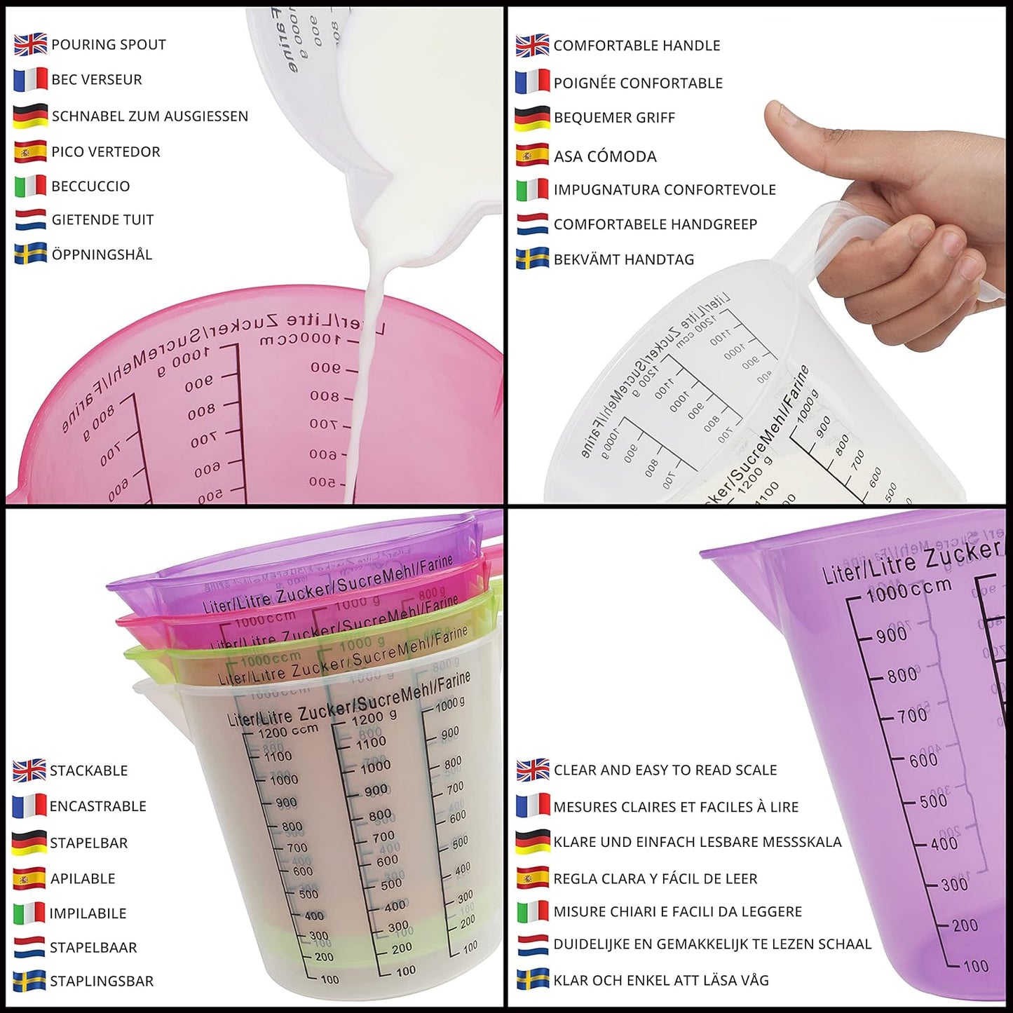 ابريق قياس بلاستيكي مدرج - ابريق بلاستيكي سعة 1200 سم3 - 1200 غممع قياسات سهلة القراءة - ابريق قياس- خلط صغيرة - كوب قياس للمطبخ