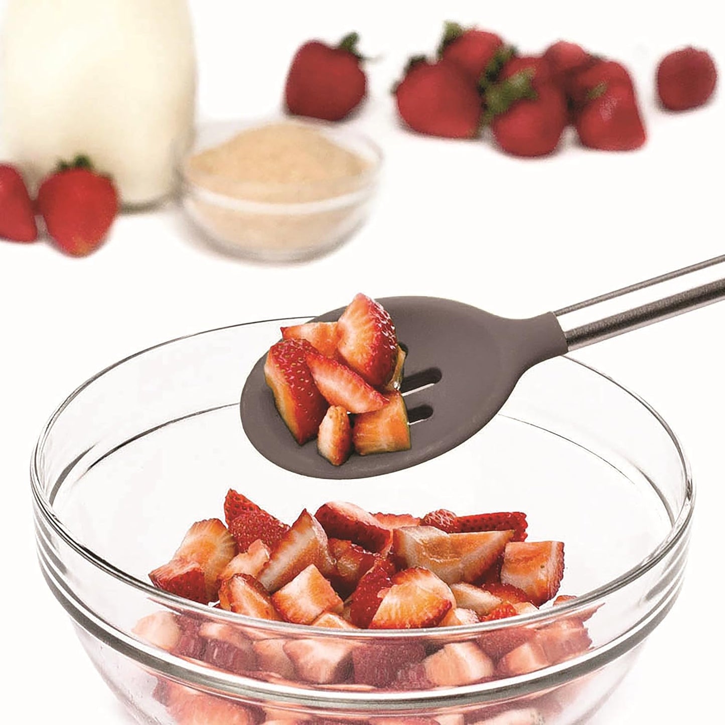 ملعقة مشقوقة او مغلقة  من السليكون ومقبض من الستانلس ستيل غير لاصقة لتقديم الطعام والخلط، مقاومة للحرارة، مقاومة للخدش وخالية من البيسفينول ايه