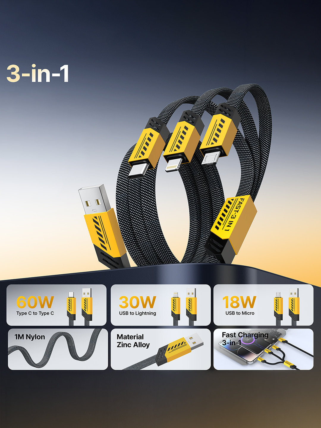 كابل شحن سريع متعدد الاستخدامات 3 في 1 عادي - ايفون - تايب سي (USB إلى Type-C / Lightning / Micro USB)