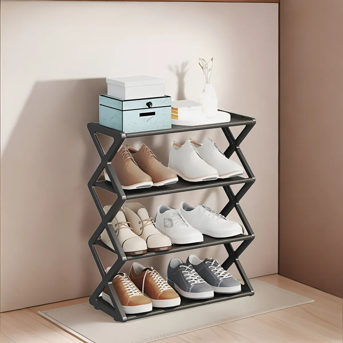 منظم أحذية عمودي 4 أرفف  49.5×42×18.5 سم – حل مثالي لتوفير المساحة!