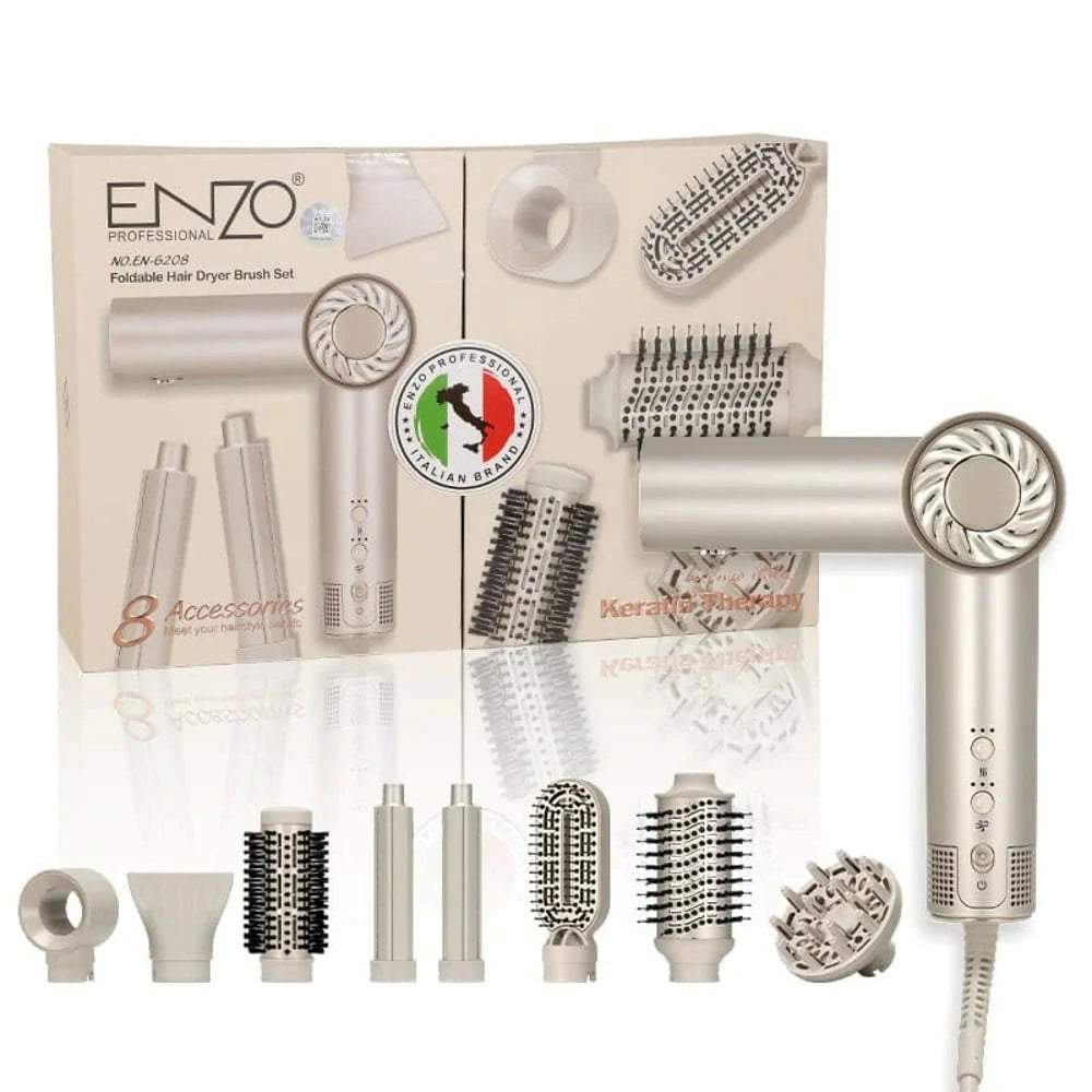 بكج ENZO الاحترافي 8 قطع – سشوار ومصفف شعر قابل للطي مع Airwrap وفرش متعددة