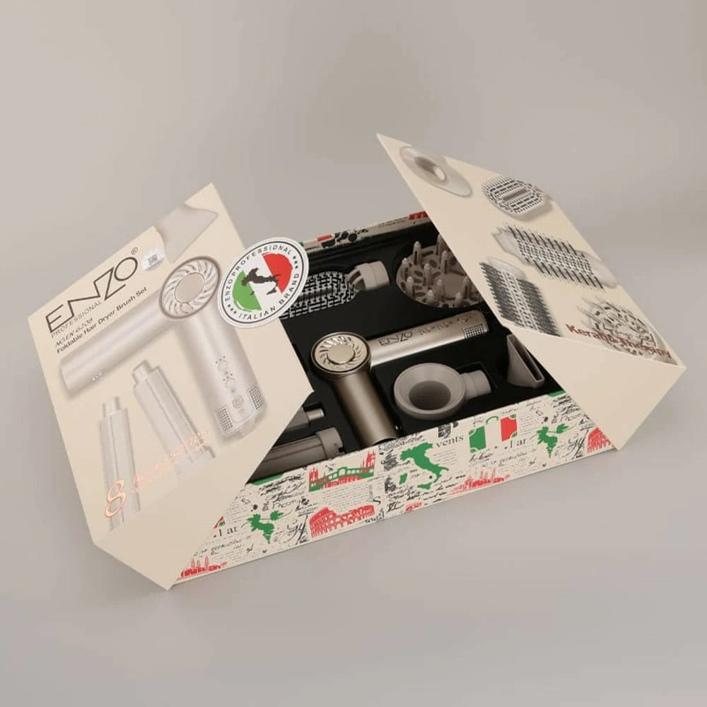 بكج ENZO الاحترافي 8 قطع – سشوار ومصفف شعر قابل للطي مع Airwrap وفرش متعددة