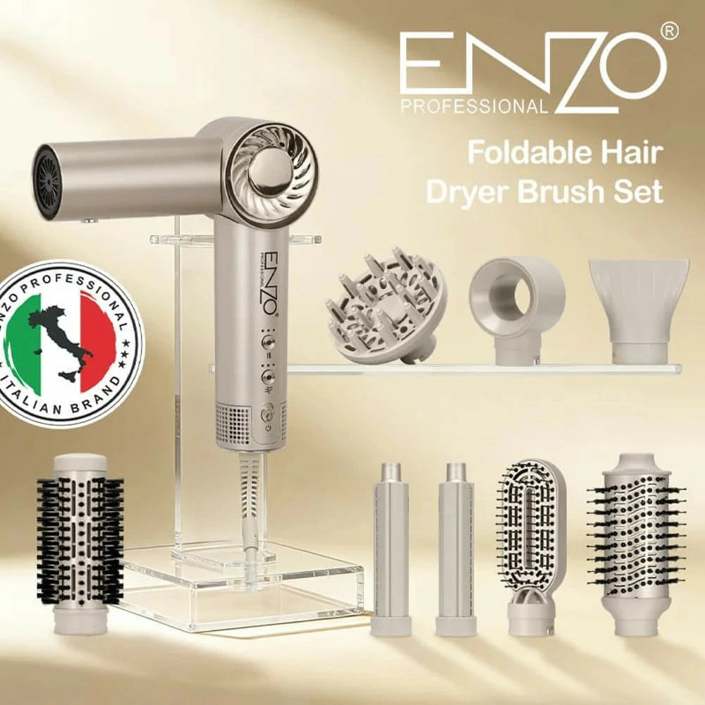 بكج ENZO الاحترافي 8 قطع – سشوار ومصفف شعر قابل للطي مع Airwrap وفرش متعددة