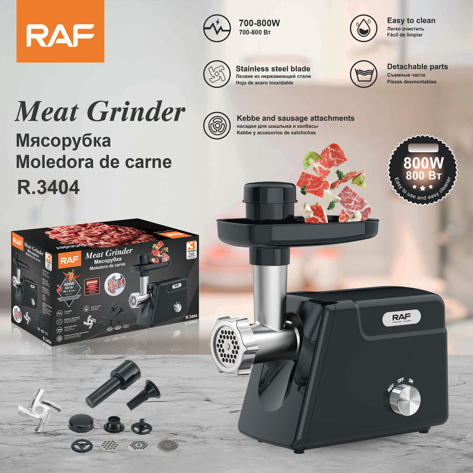 فرامة لحم كهربائية 800 واط RAF – موديل R.3404 رؤوس متعددة للطحن + ملحقات للكبة والنقانق