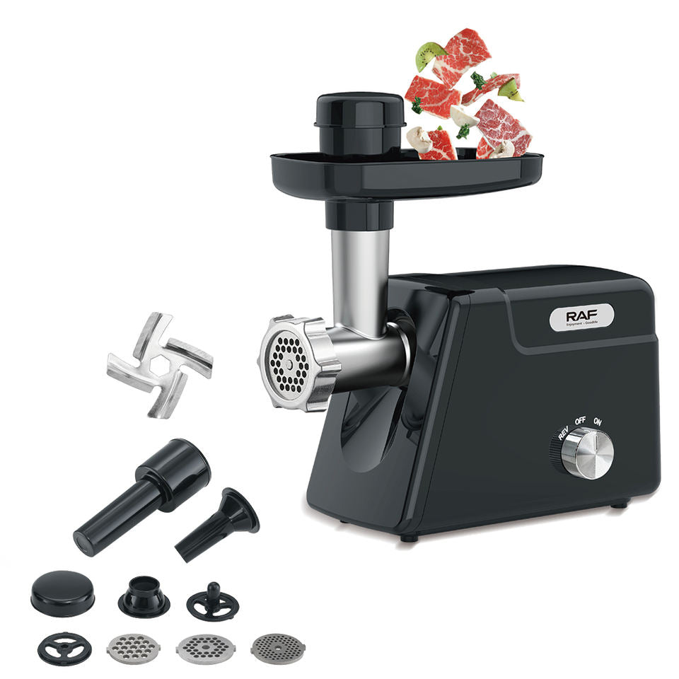 فرامة لحم كهربائية 800 واط RAF – موديل R.3404 رؤوس متعددة للطحن + ملحقات للكبة والنقانق
